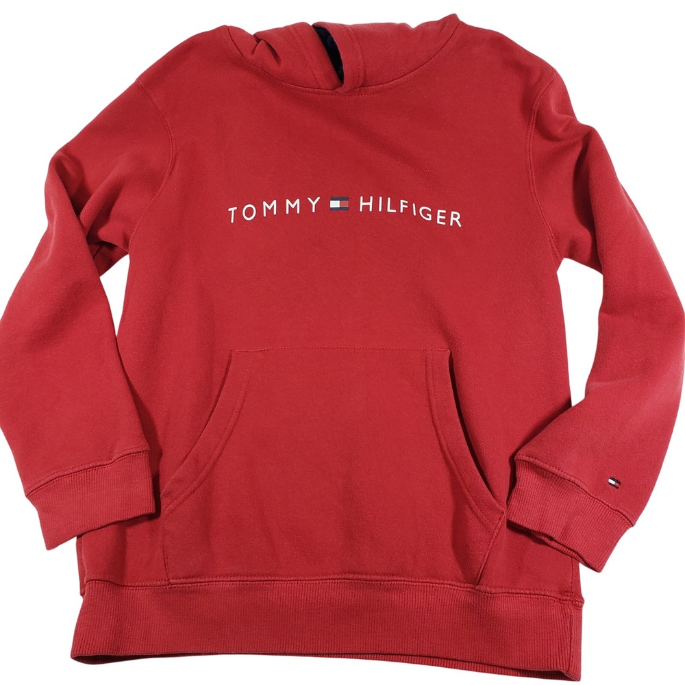 Tommy Hilfiger Red Hoodie Pullover Logo Emblem Fleece Lined Boys Youth‎ L 16 18
